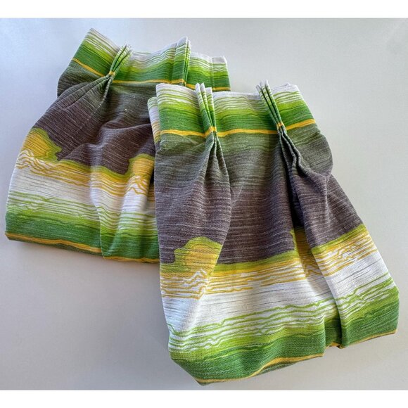 Vintage 70s curtains, green yellow, brown groovy stripes, pair pleated of panels - Picture 10 of 10